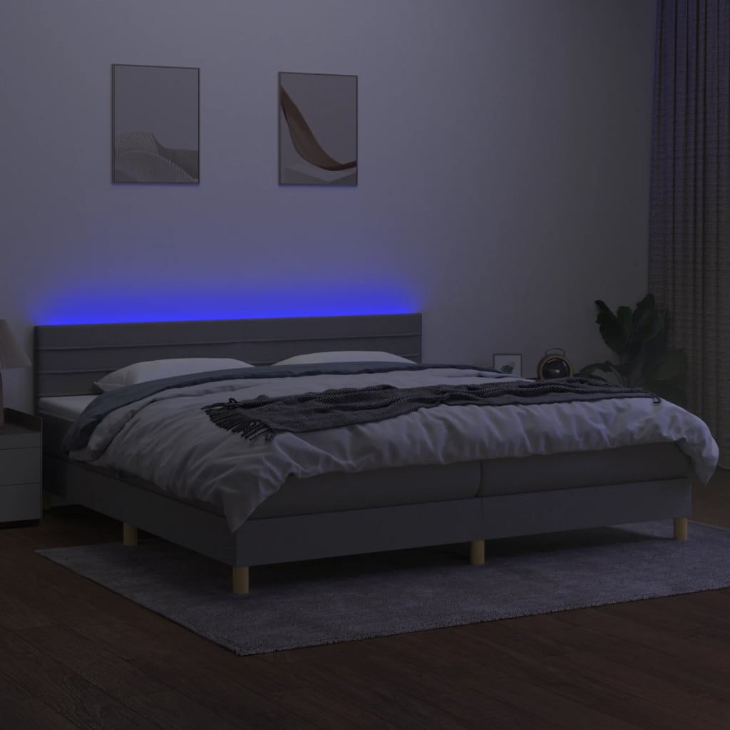 Krevet box spring s madracem LED svjetlosivi 200x200 cm tkanina