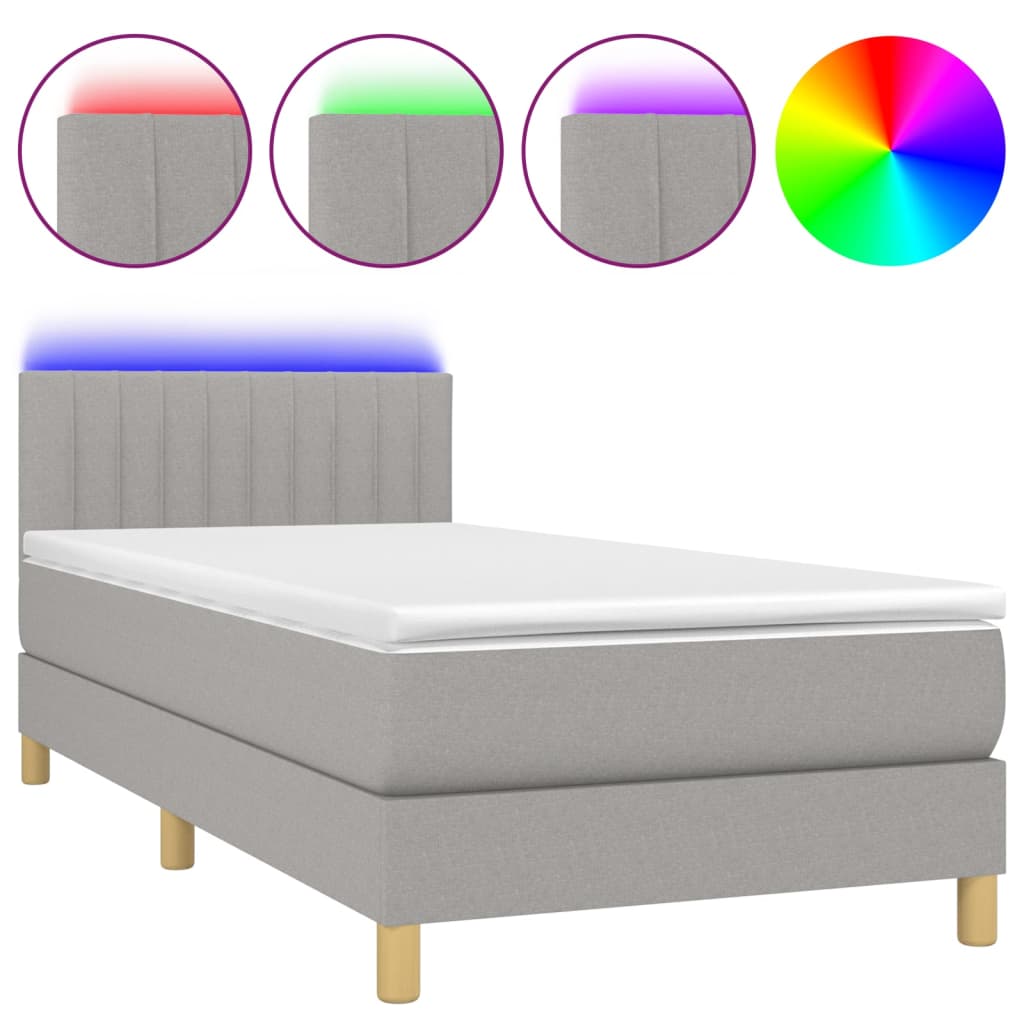 Krevet box spring s madracem LED svjetlosivi 90x190 cm tkanina