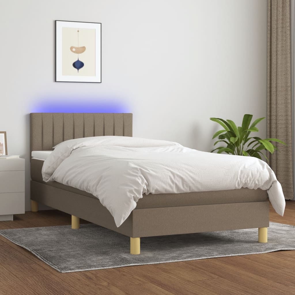 Krevet box spring s madracem LED smeđesivi 90x190 cm tkanina