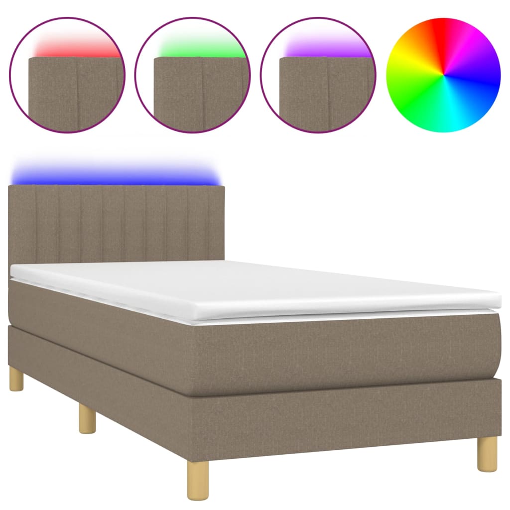 Krevet box spring s madracem LED smeđesivi 100x200 cm tkanina