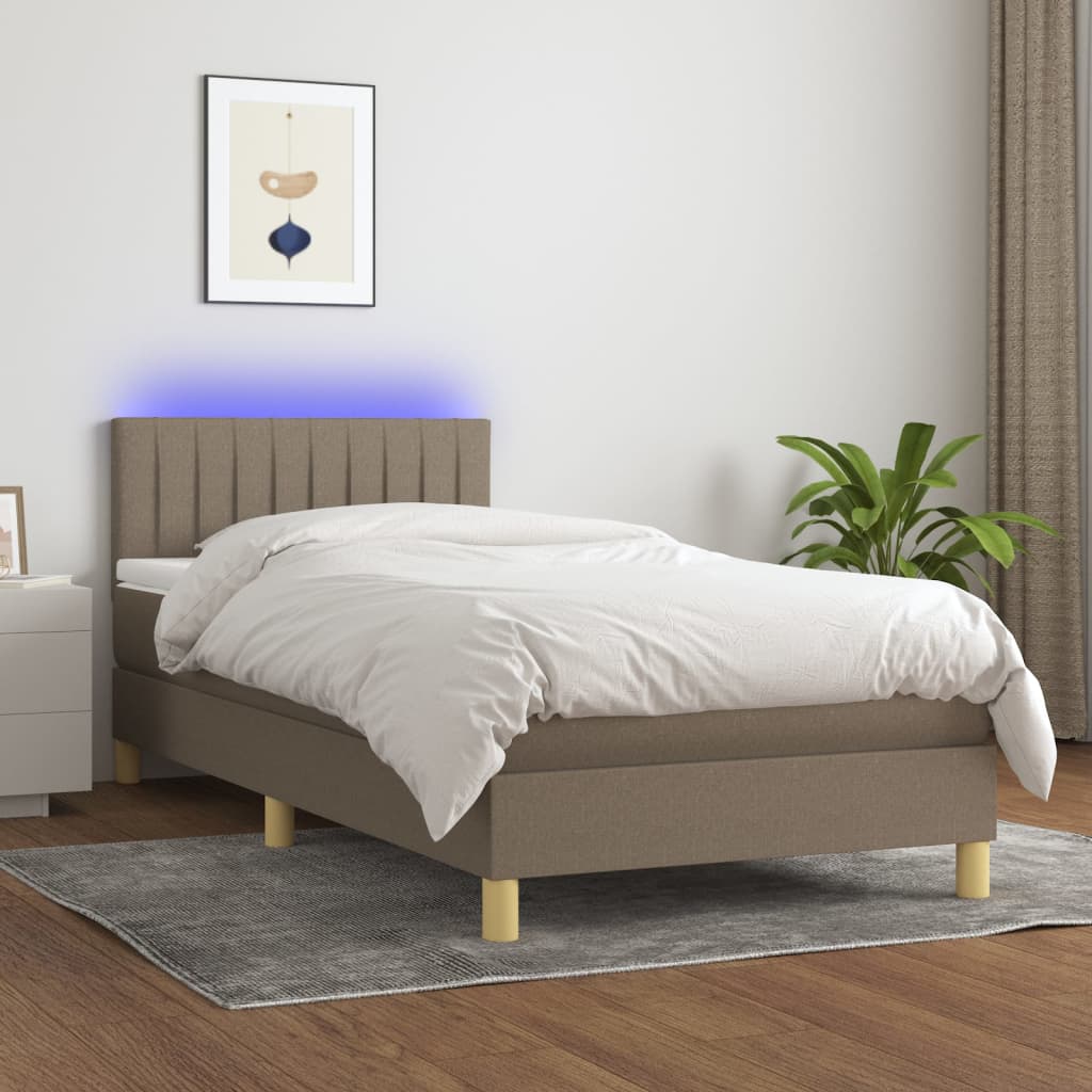 Krevet box spring s madracem LED smeđesivi 100x200 cm tkanina