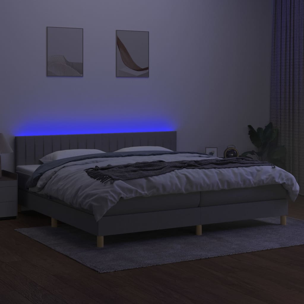 Krevet box spring s madracem LED svjetlosivi 200x200 cm tkanina