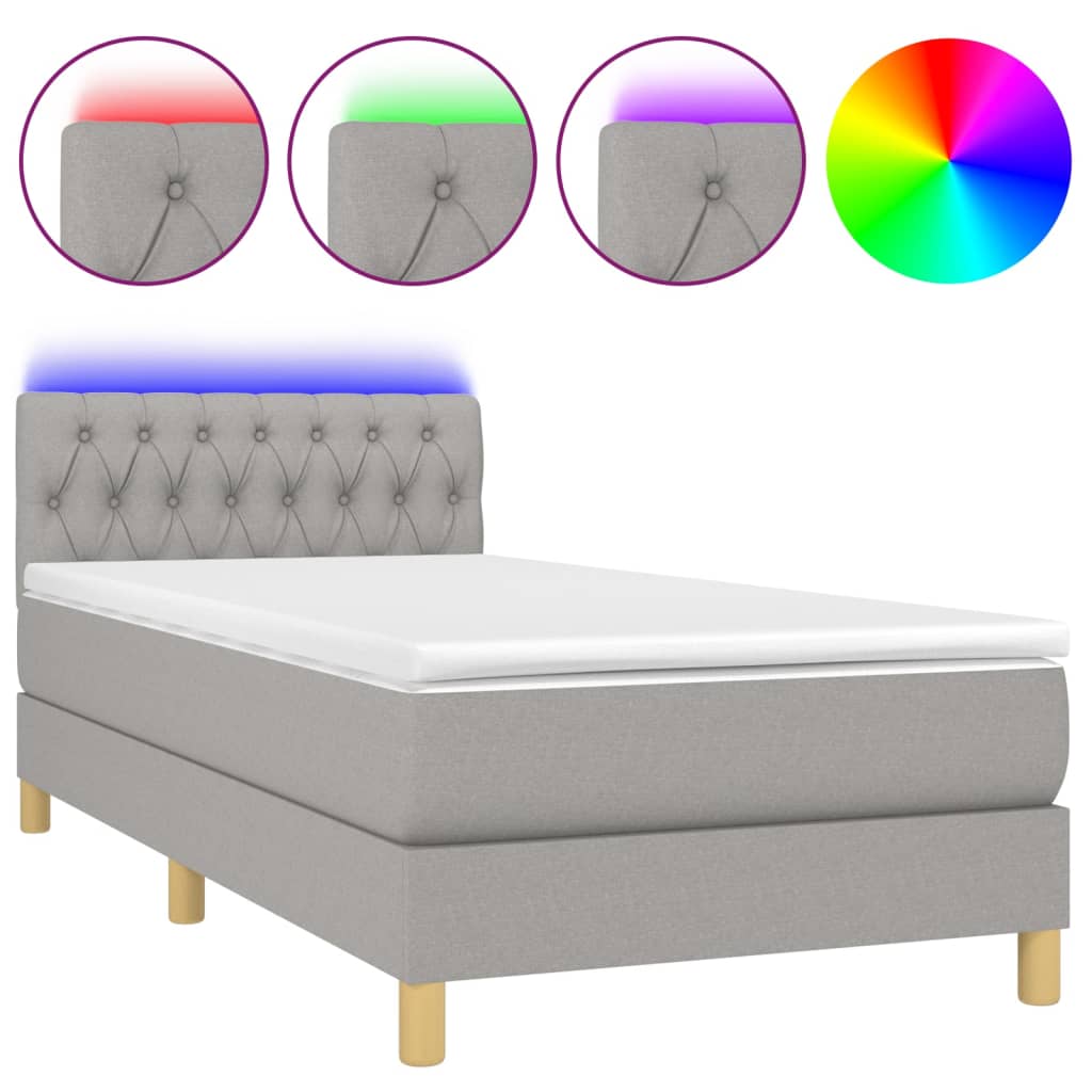 Krevet box spring s madracem LED svjetlosivi 90x190 cm tkanina