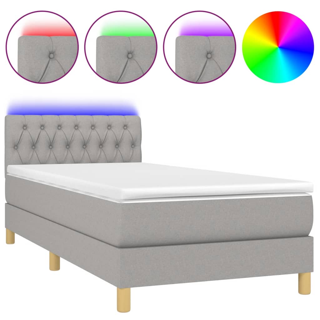 Krevet box spring s madracem LED svjetlosivi 90x200 cm tkanina