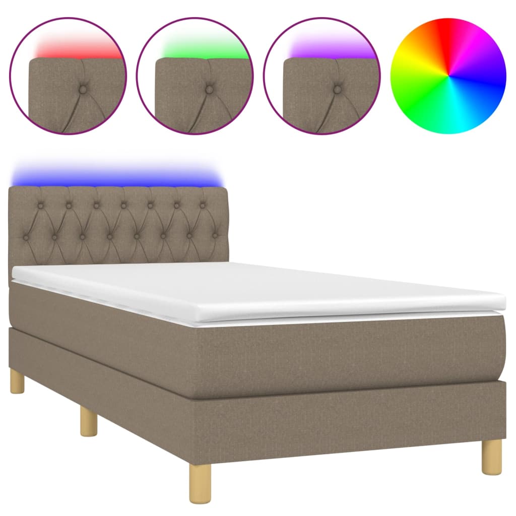 Krevet box spring s madracem LED smeđesivi 100x200 cm tkanina