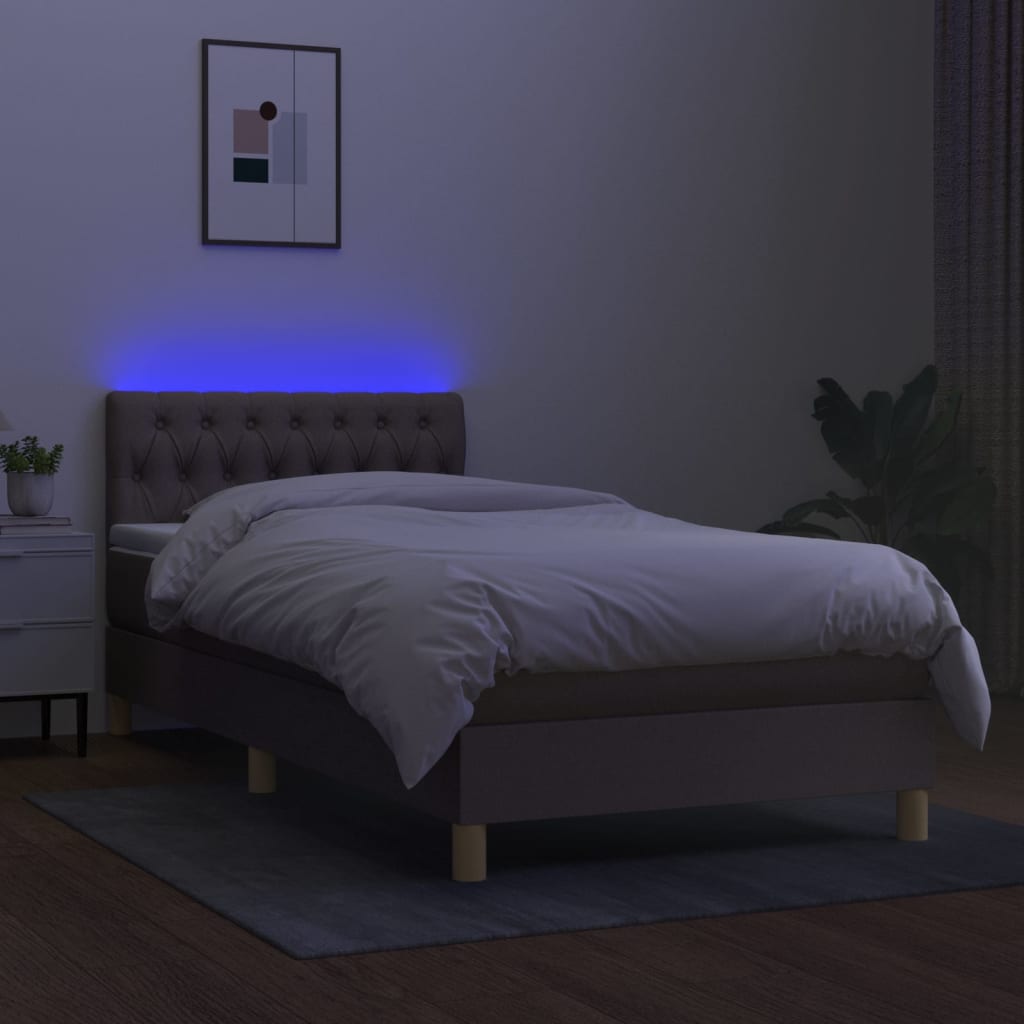 Krevet box spring s madracem LED smeđesivi 100x200 cm tkanina