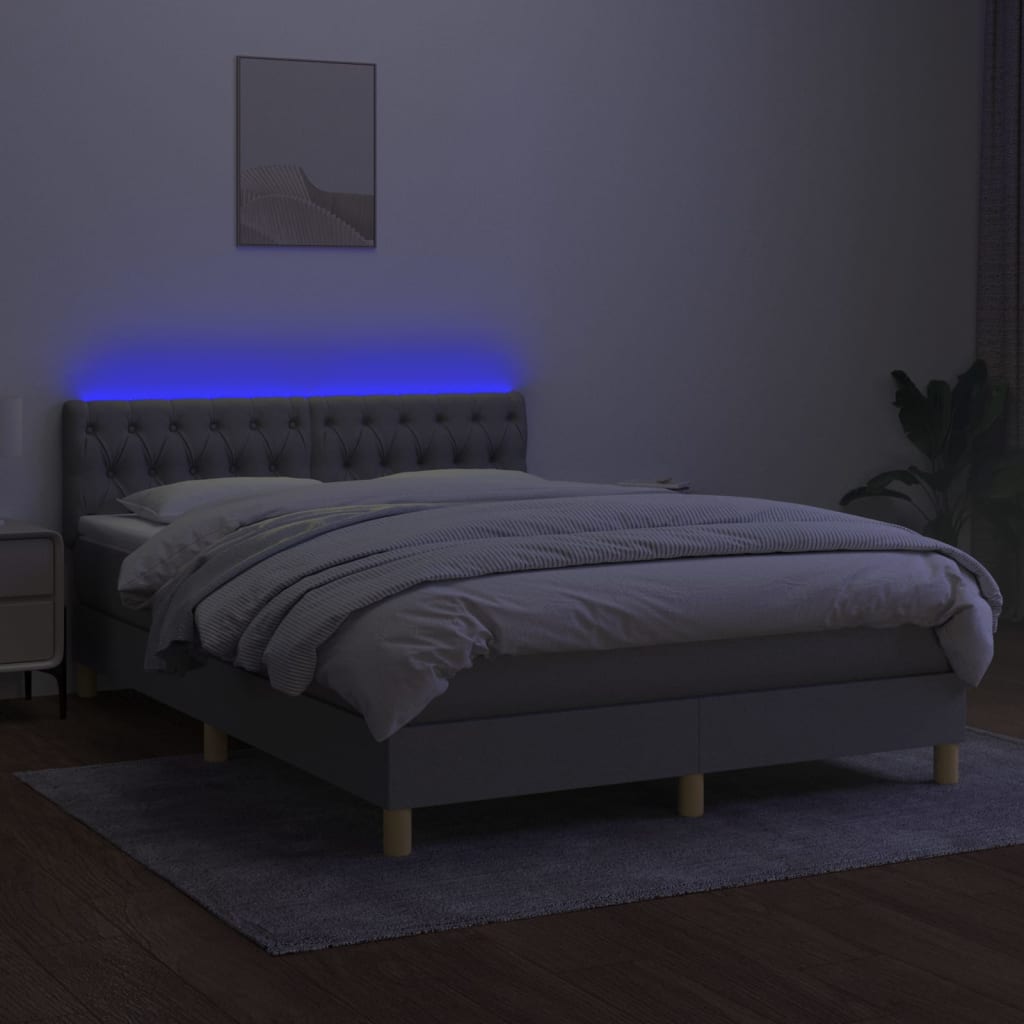 Krevet box spring s madracem LED svjetlosivi 140x200 cm tkanina