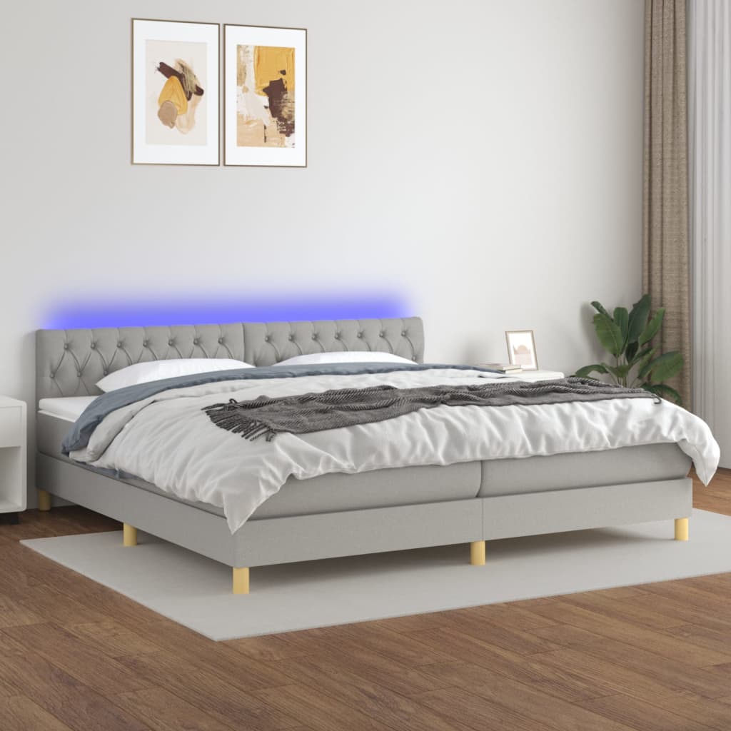 Krevet box spring s madracem LED svjetlosivi 200x200 cm tkanina