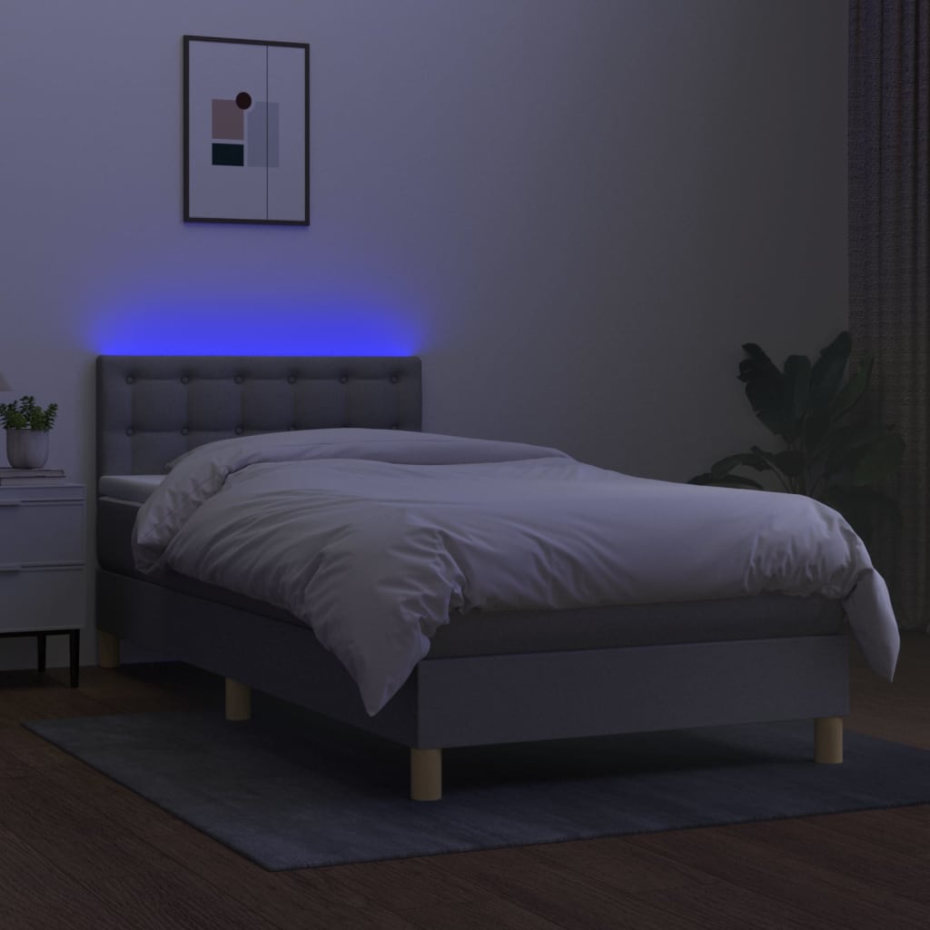 Krevet box spring s madracem LED svjetlosivi 90x190 cm tkanina