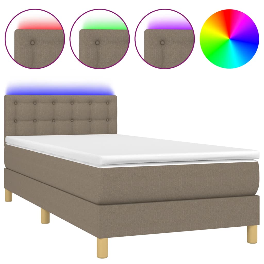 Krevet box spring s madracem LED smeđesivi 90x190 cm tkanina