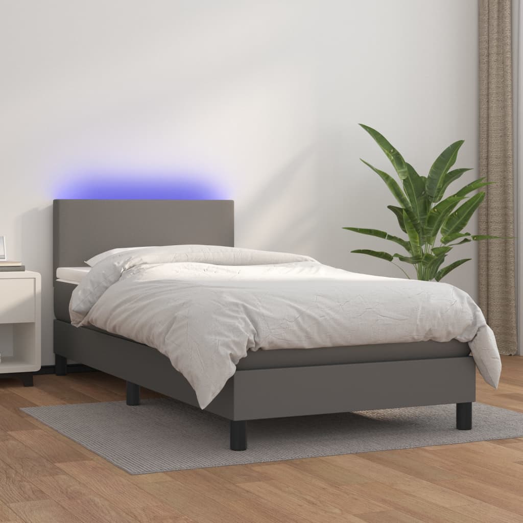 Krevet box spring s madracem LED sivi 90x200 cm od umjetne kože