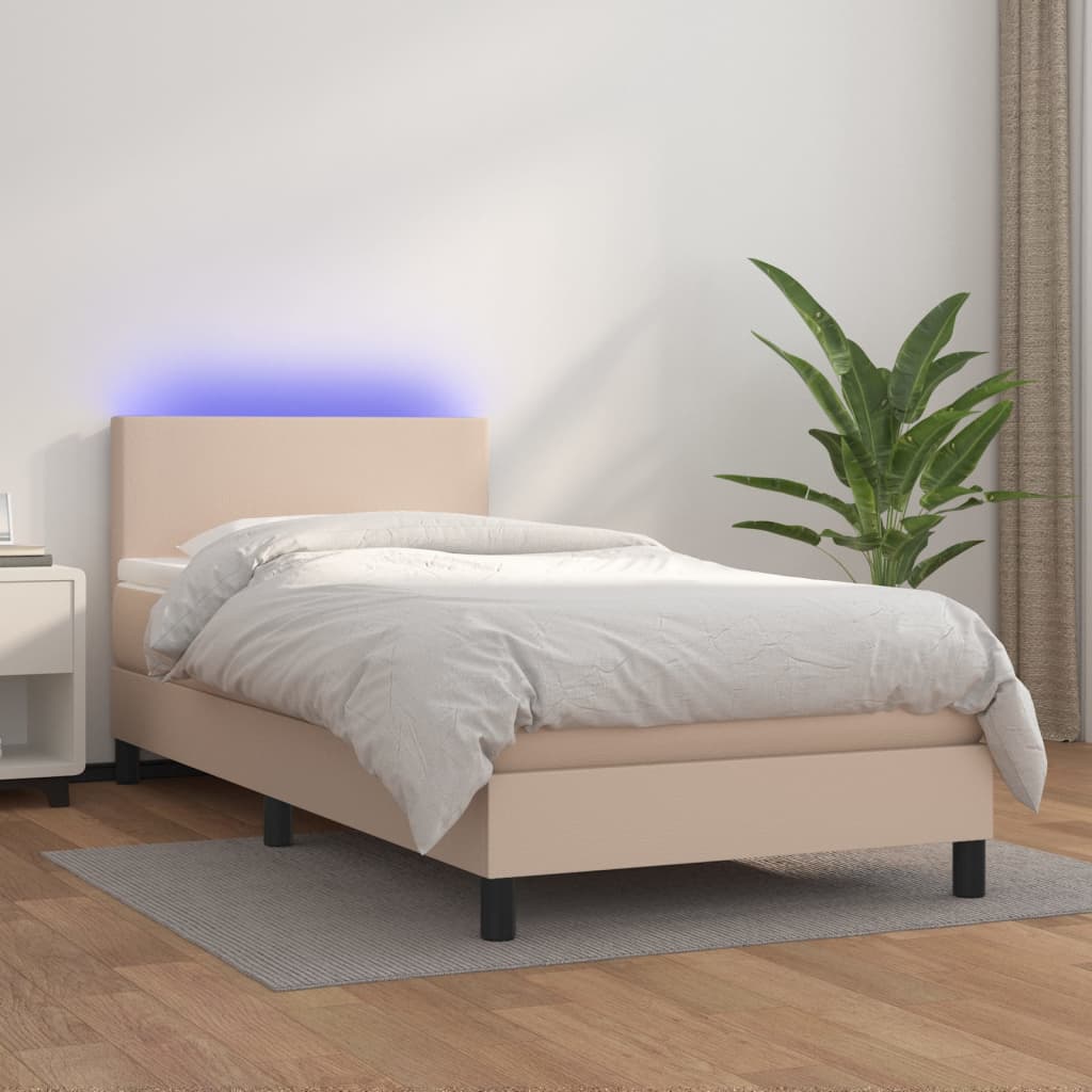 Krevet box spring madrac LED cappuccino 90x200cm umjetna koža
