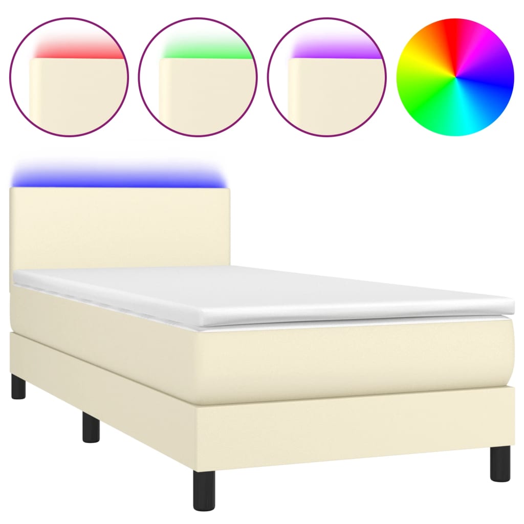 Krevet box spring s madracem LED krem 100x200cm od umjetne kože