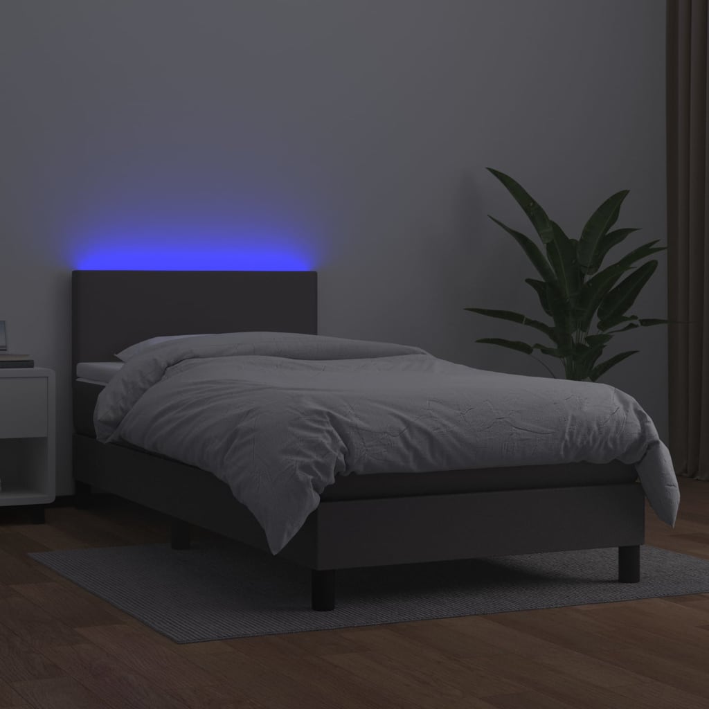 Krevet box spring s madracem LED sivi 100x200cm od umjetne kože