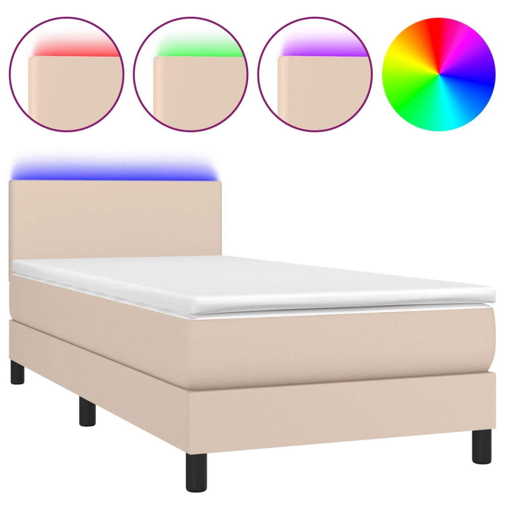 Krevet box spring madrac LED cappuccino 100x200cm umjetna koža