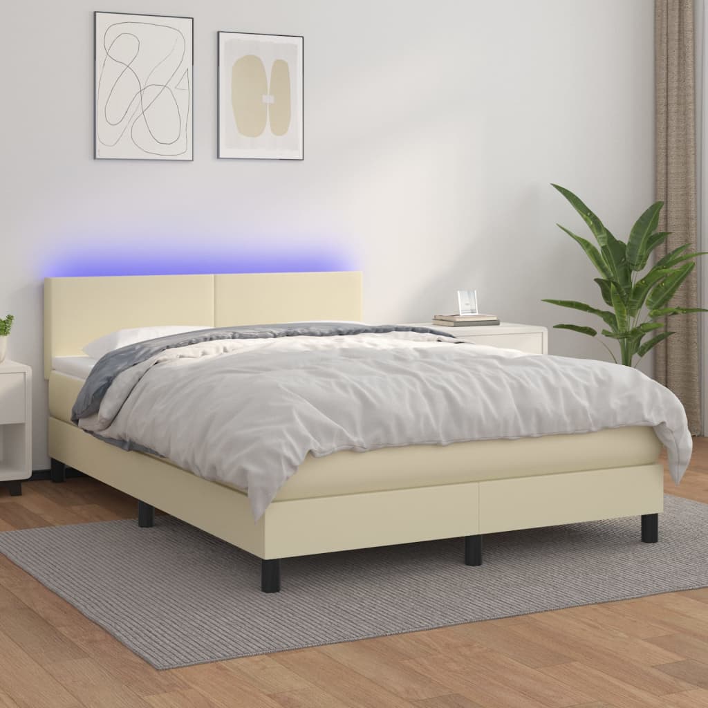 Krevet box spring s madracem LED krem 140x200cm od umjetne kože