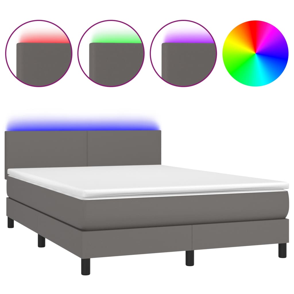 Krevet box spring s madracem LED sivi 140x200cm od umjetne kože