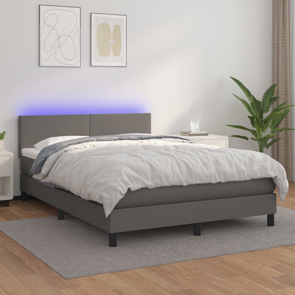 Krevet box spring s madracem LED sivi 140x200cm od umjetne kože