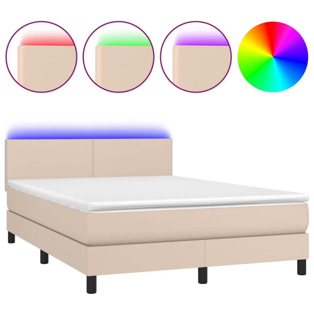 Krevet box spring madrac LED cappuccino 140x200cm umjetna koža