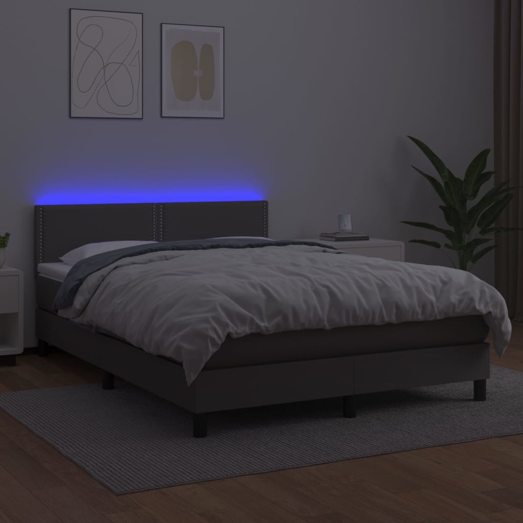 Krevet box spring s madracem LED sivi 140x190cm od umjetne kože