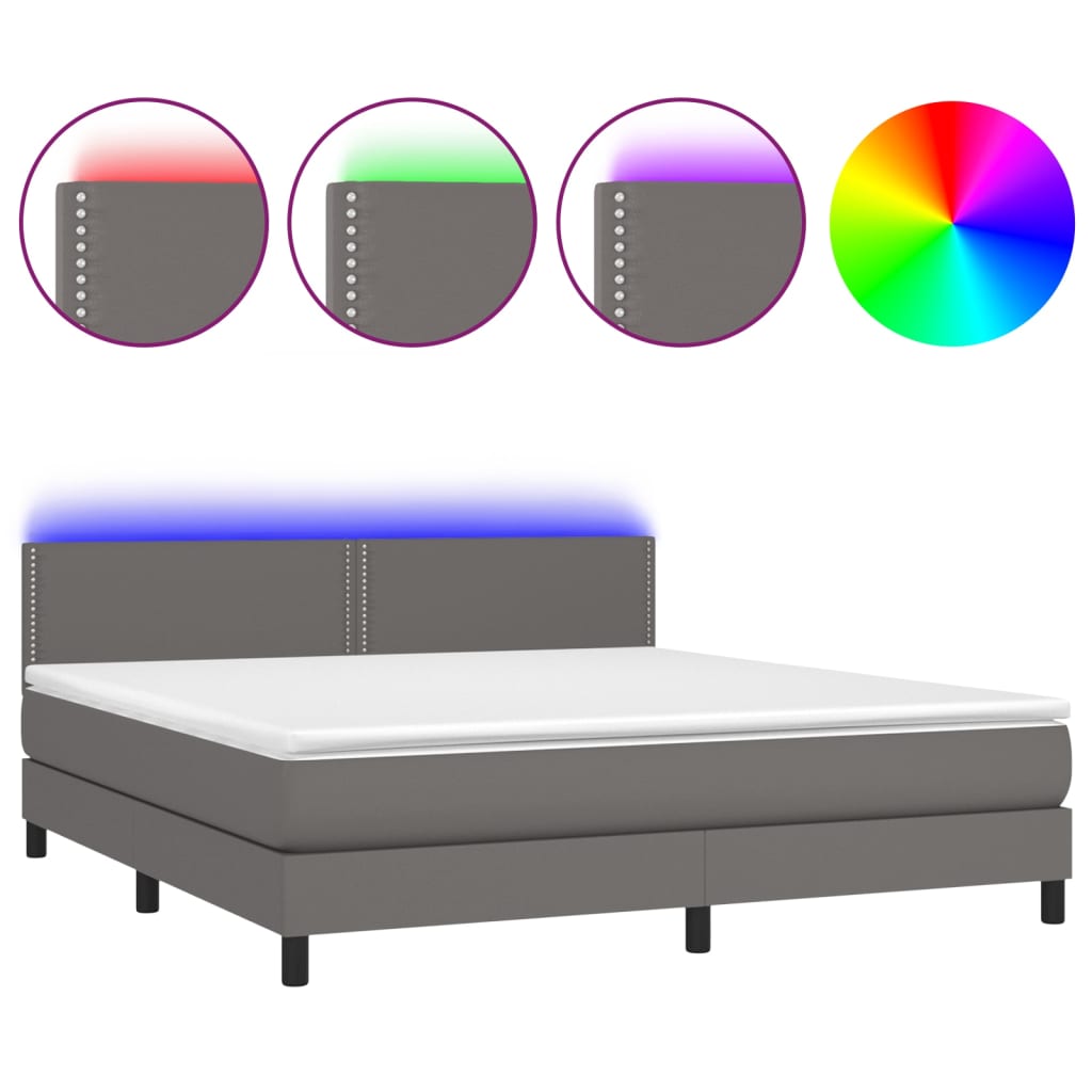 Krevet box spring s madracem LED sivi 180x200cm od umjetne kože