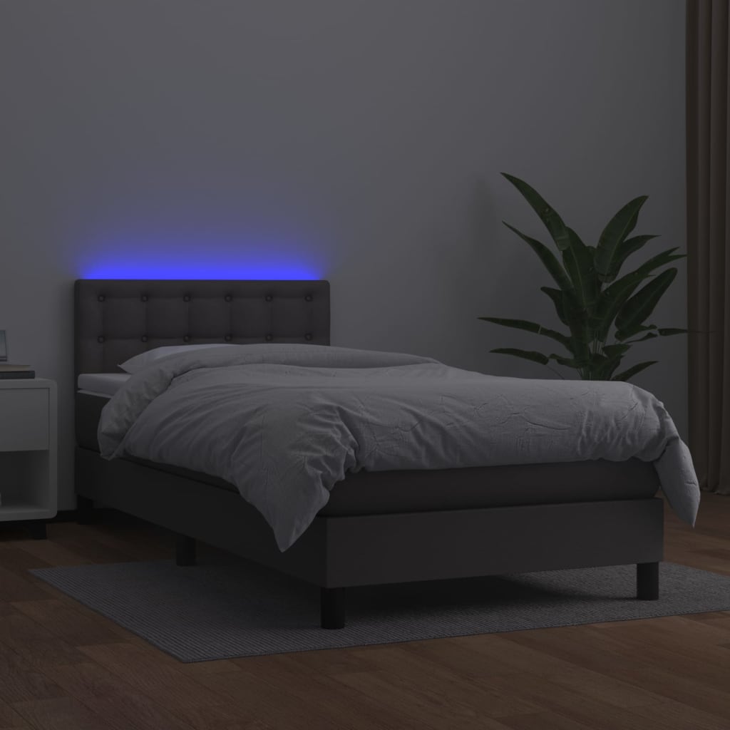 Krevet box spring s madracem LED sivi 90x190 cm od umjetne kože