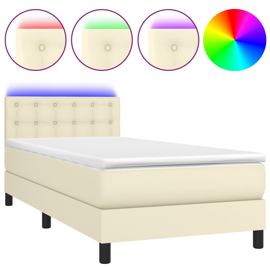 Krevet box spring s madracem LED krem 100x200cm od umjetne kože