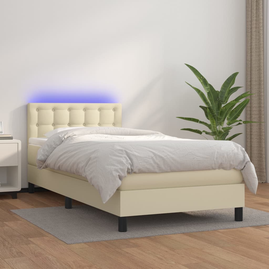 Krevet box spring s madracem LED krem 100x200cm od umjetne kože