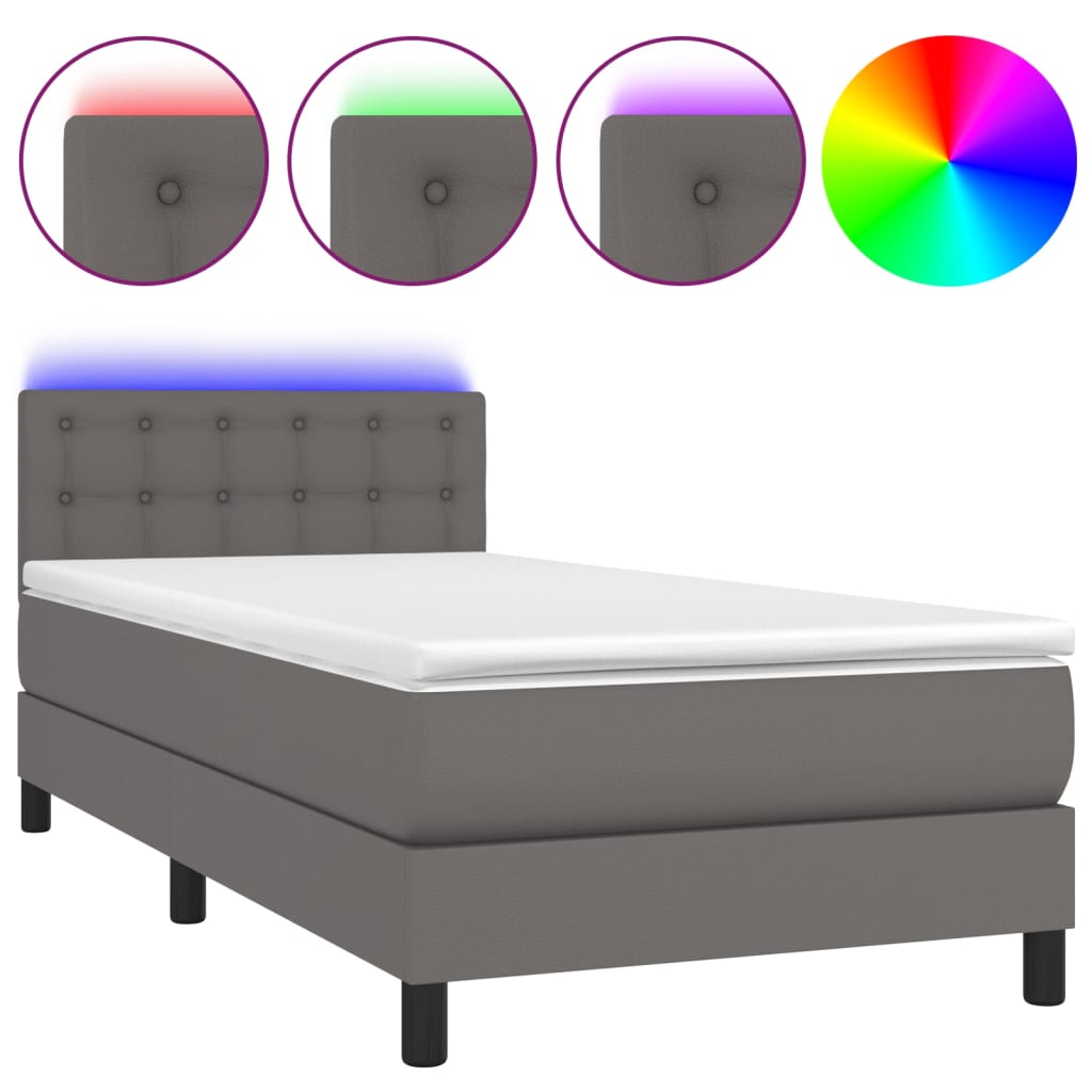 Krevet box spring s madracem LED sivi 100x200cm od umjetne kože