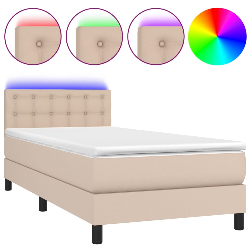 Krevet box spring madrac LED cappuccino 100x200cm umjetna koža