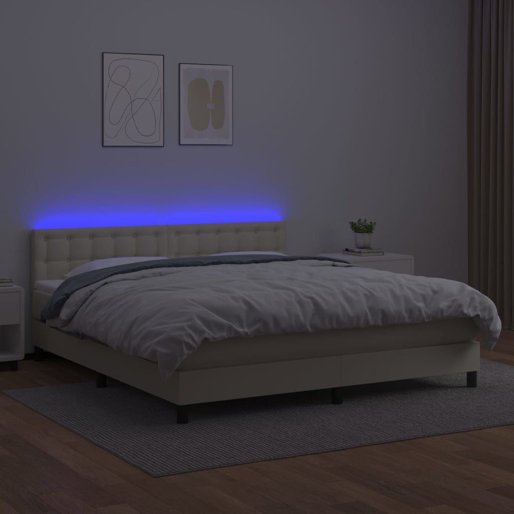 Krevet box spring s madracem LED krem 160x200cm od umjetne kože