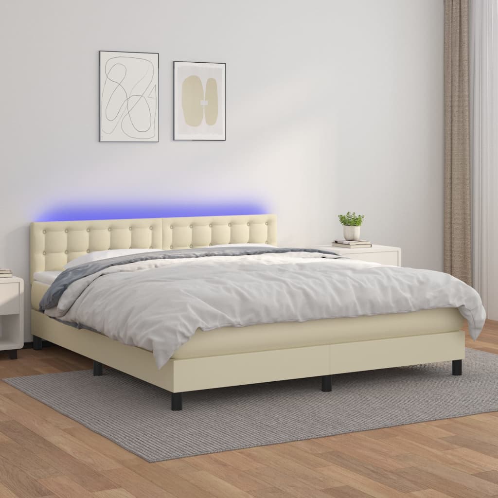 Krevet box spring s madracem LED krem 160x200cm od umjetne kože