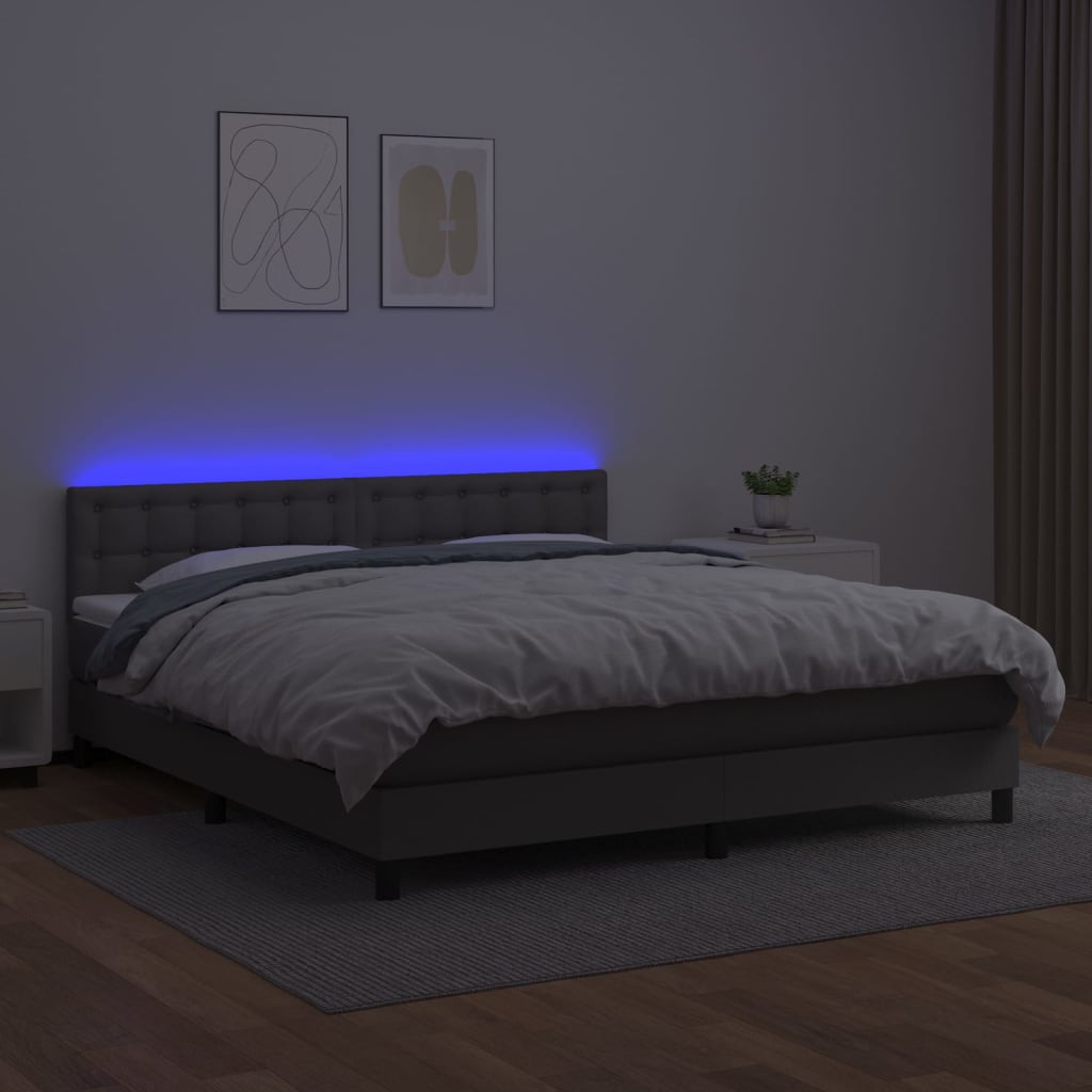 Krevet box spring s madracem LED sivi 160x200cm od umjetne kože