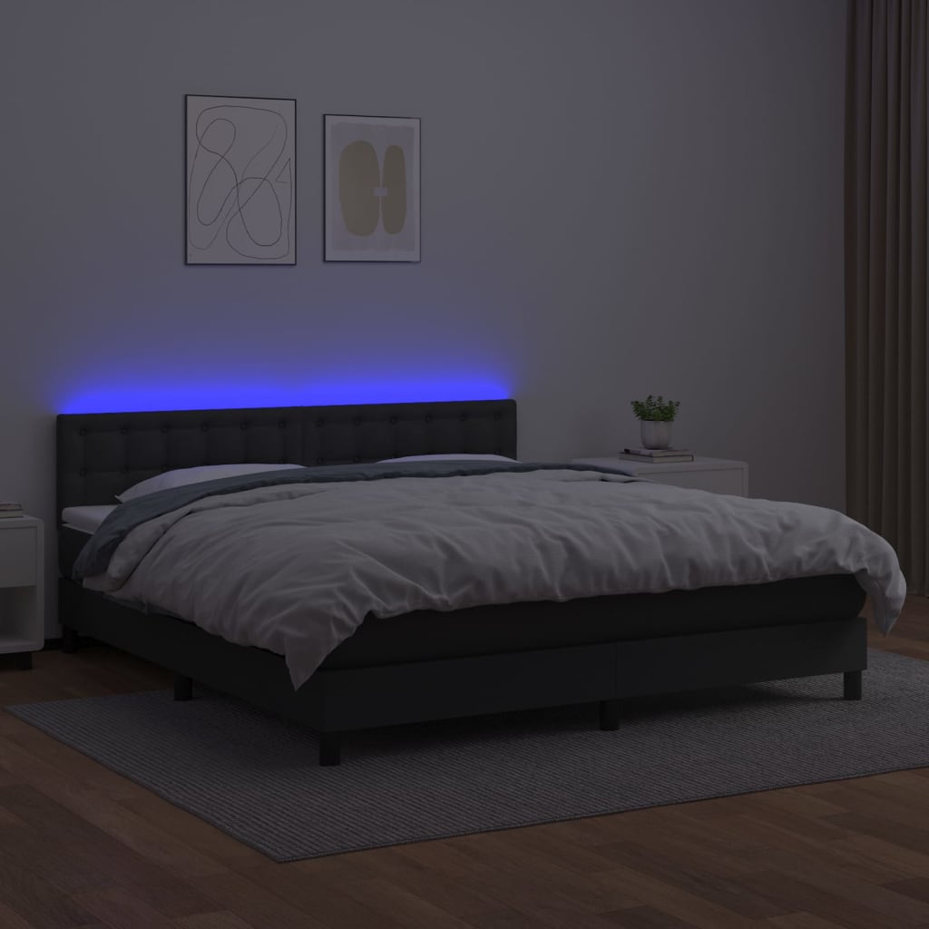 Krevet box spring s madracem LED crni 180x200cm od umjetne kože