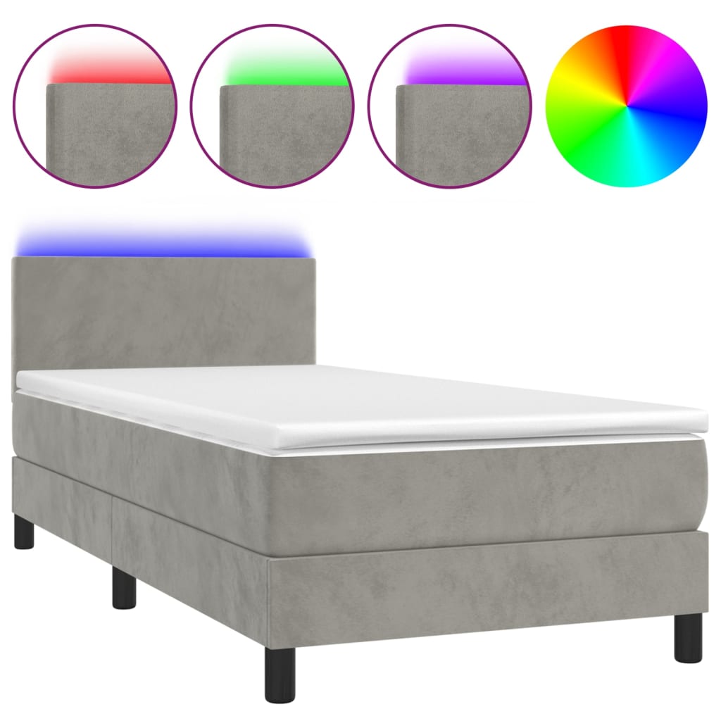 Krevet box spring s madracem LED svjetlosivi 90x190 cm baršun