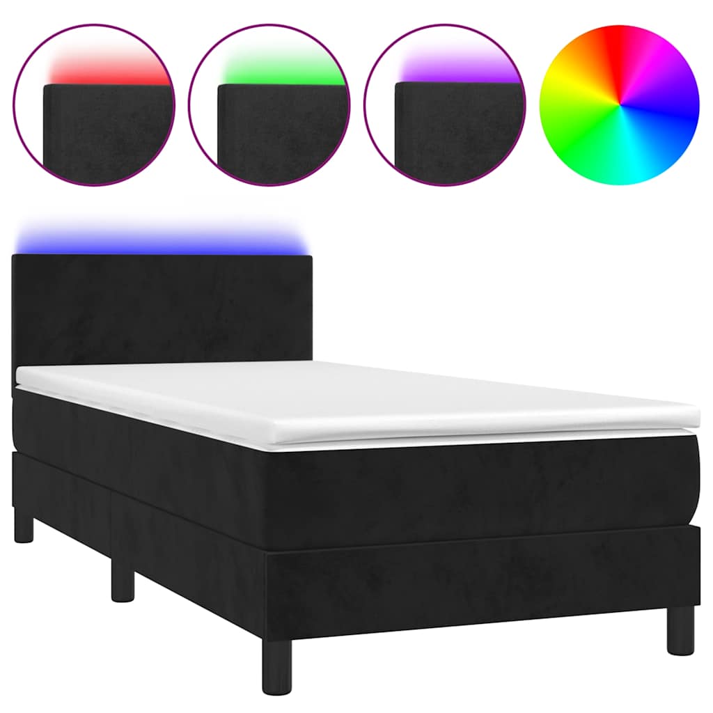 Krevet box spring s madracem LED crni 90x190 cm baršun