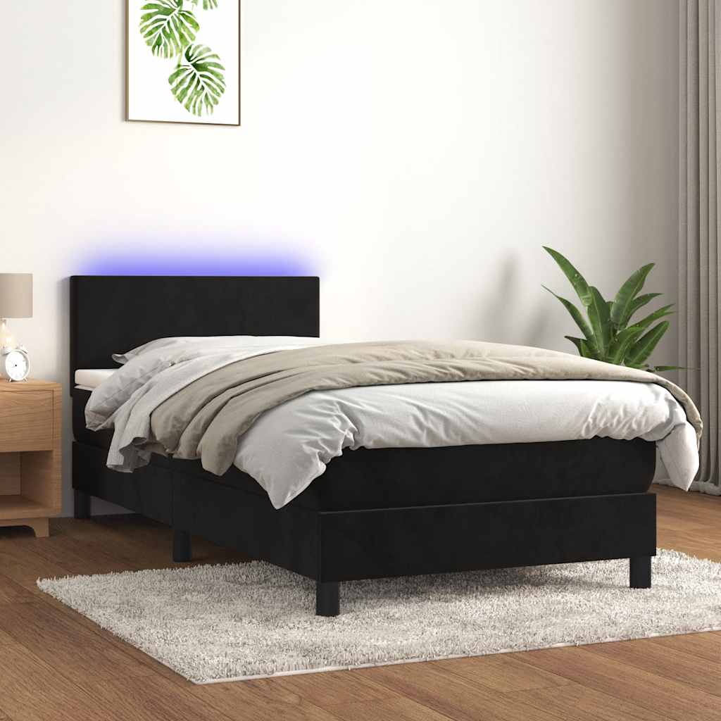 Krevet box spring s madracem LED crni 90x190 cm baršun