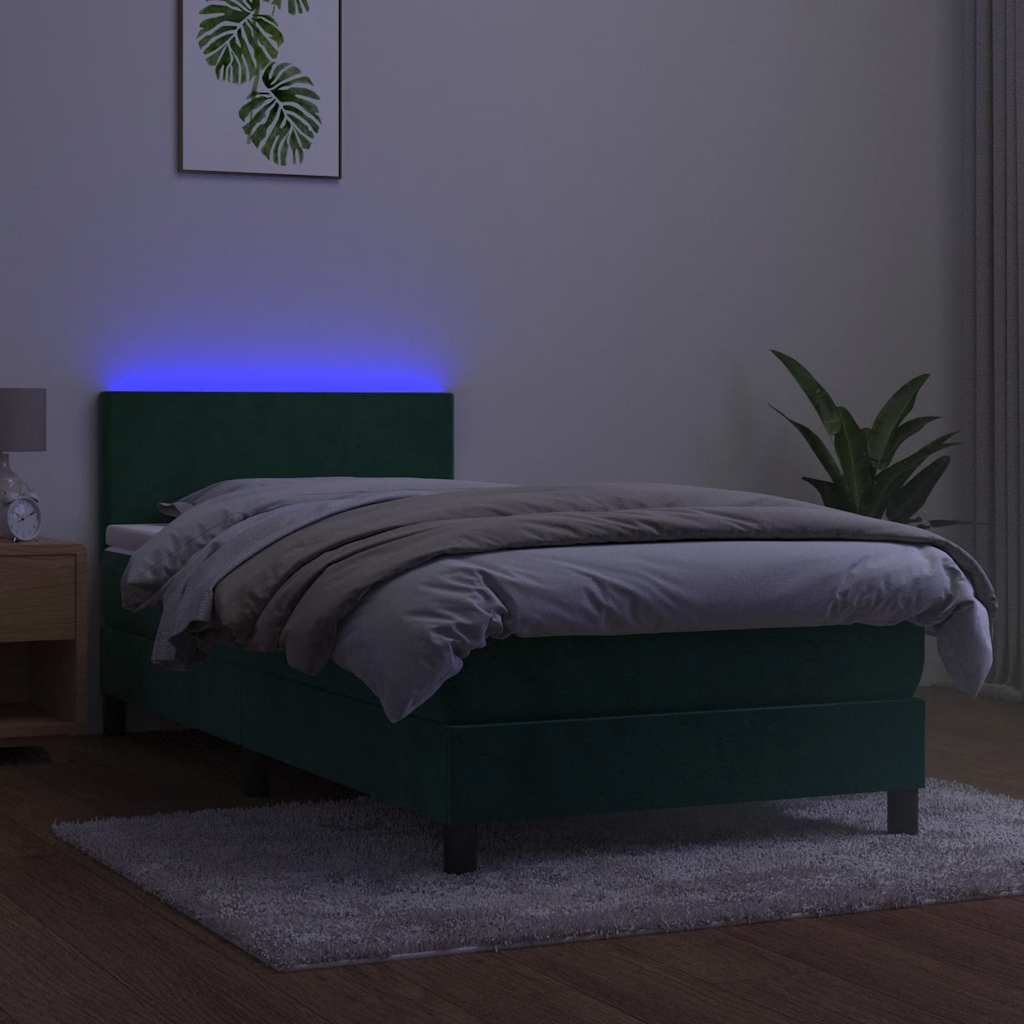 Krevet box spring s madracem LED tamnozeleni 90x190 cm baršun