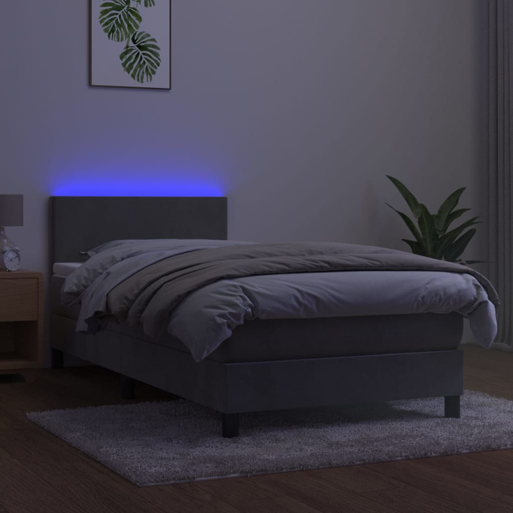 Krevet box spring s madracem LED svjetlosivi 90x200 cm baršun