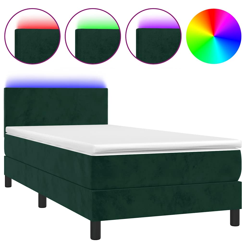 Krevet box spring s madracem LED tamnozeleni 90x200 cm baršun
