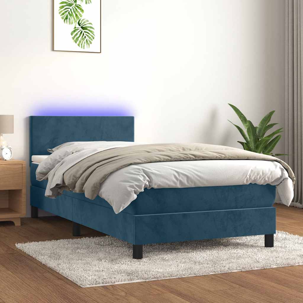 Krevet box spring s madracem LED tamnoplavi 90x200 cm baršun