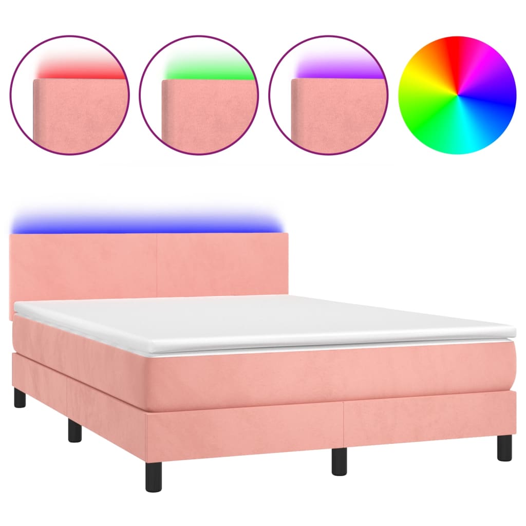 Krevet box spring s madracem LED ružičasti 140x200cm baršunasti