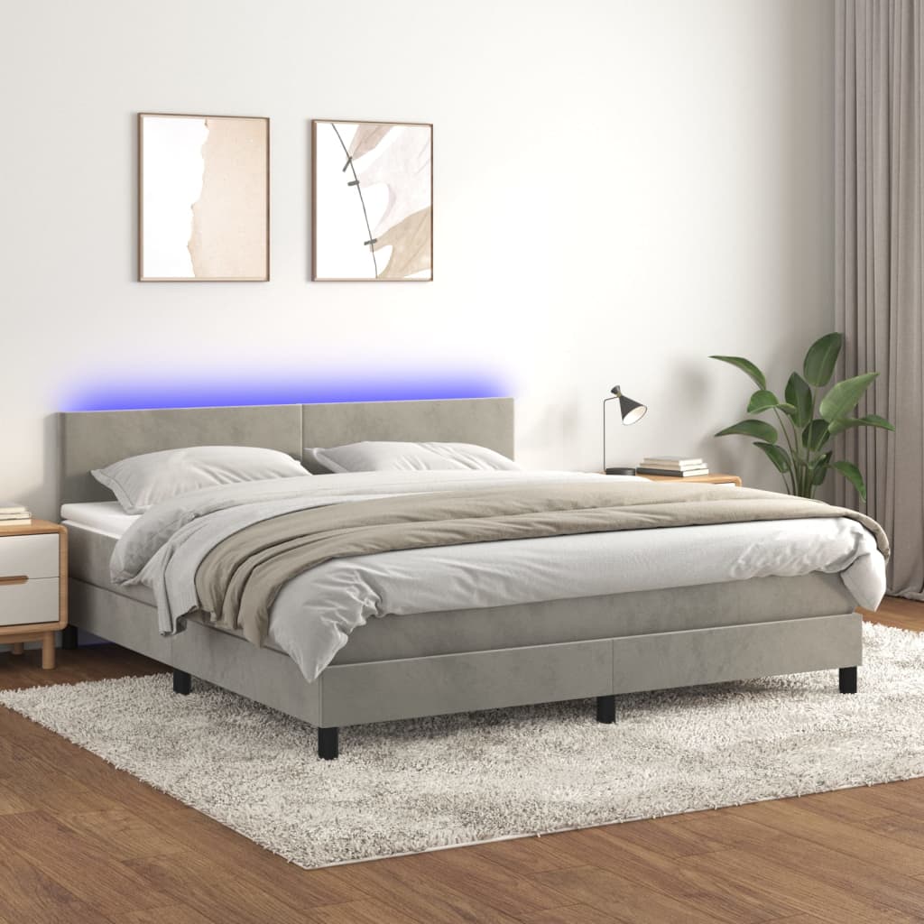 Krevet box spring s madracem LED svjetlosivi 160x200 cm baršun