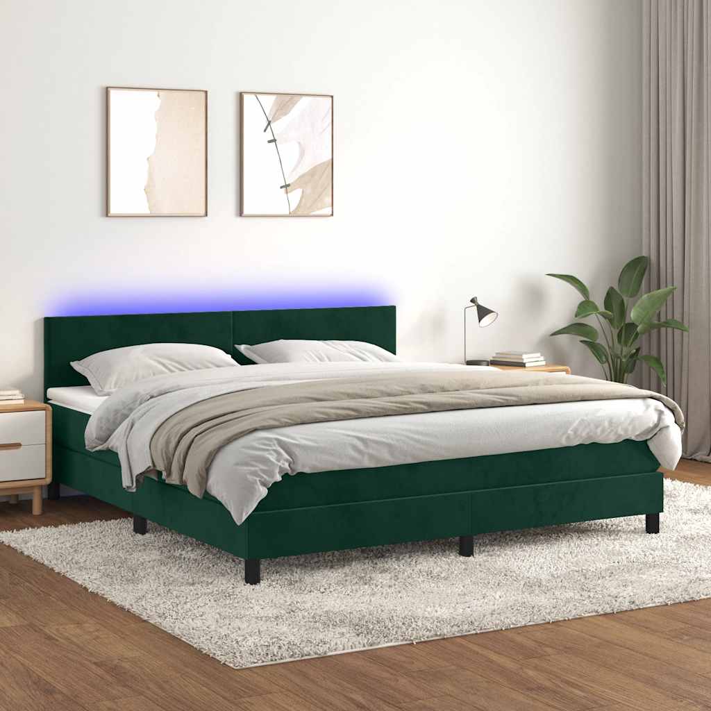 Krevet box spring s madracem LED tamnozeleni 160x200 cm baršun