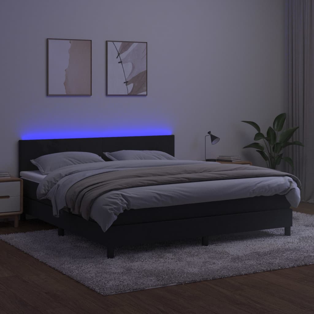 Krevet box spring s madracem LED crni 180x200 cm baršun