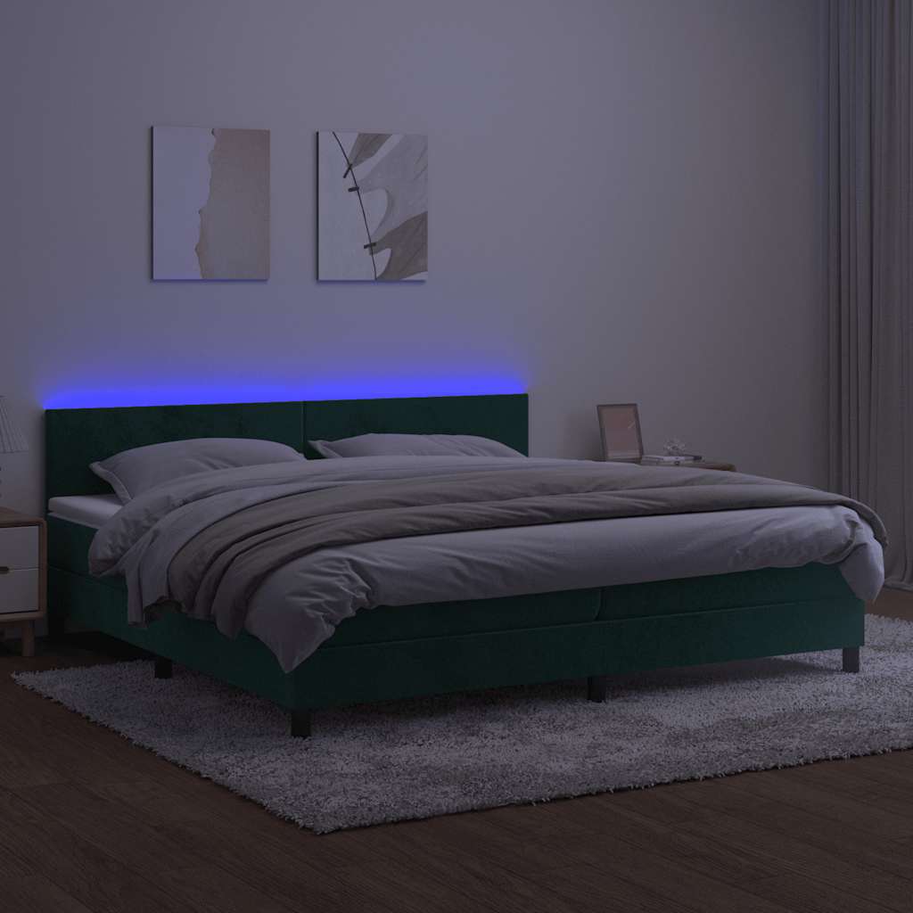 Krevet box spring s madracem LED tamnozeleni 200x200 cm baršun