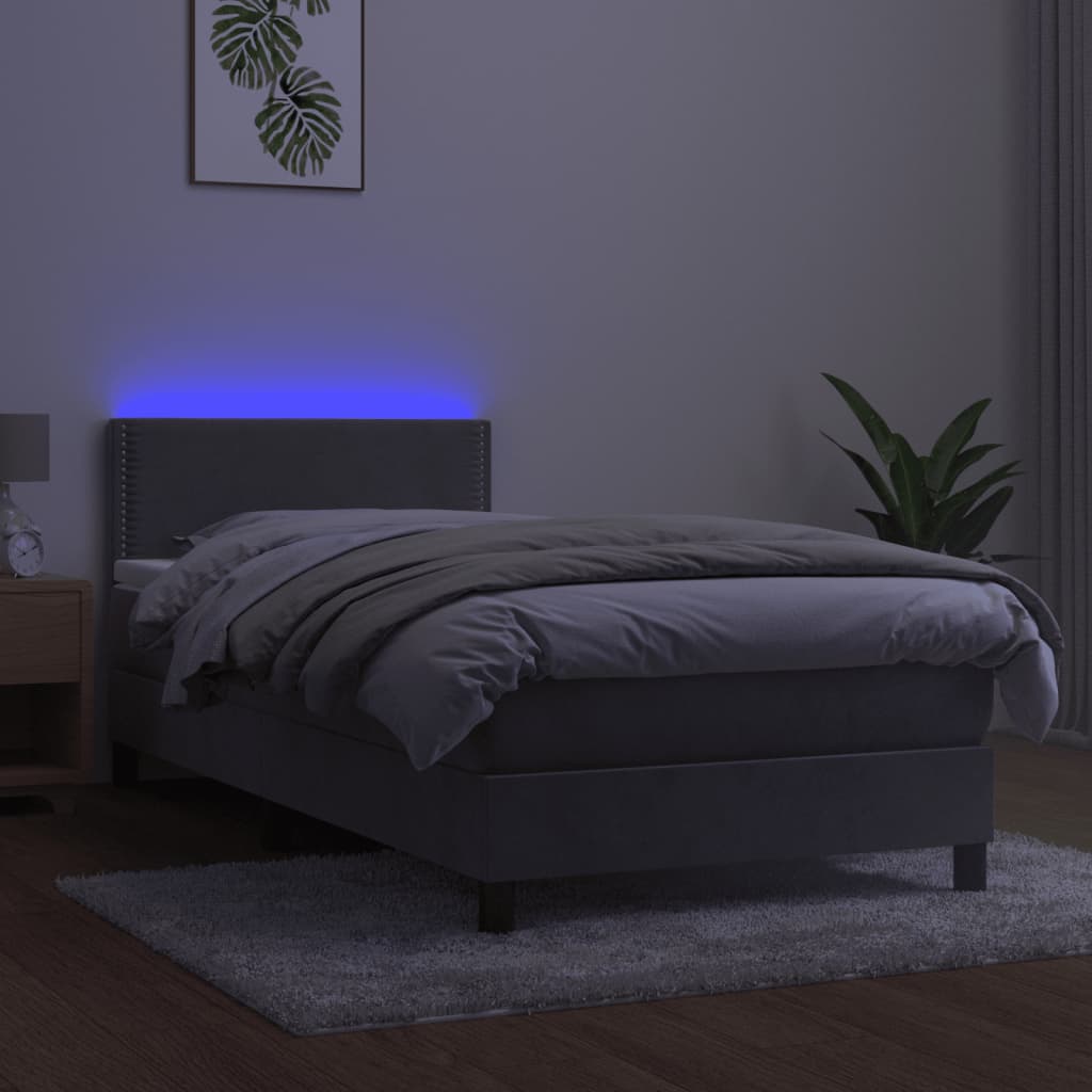 Krevet box spring s madracem LED svjetlosivi 90x200 cm baršun