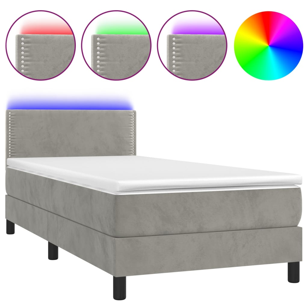 Krevet box spring s madracem LED svjetlosivi 100x200 cm baršun