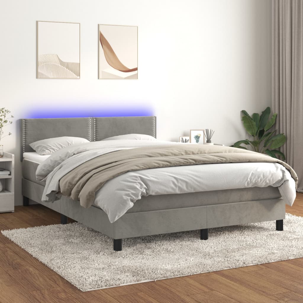 Krevet box spring s madracem LED svjetlosivi 140x200 cm baršun