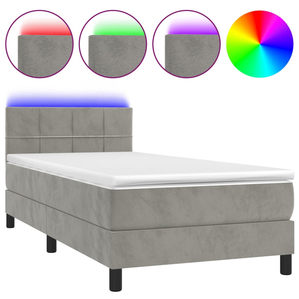 Krevet box spring s madracem LED svjetlosivi 90x200 cm baršun